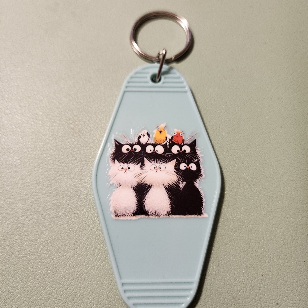 Cute Cat Keychain with Birds - Light Blue